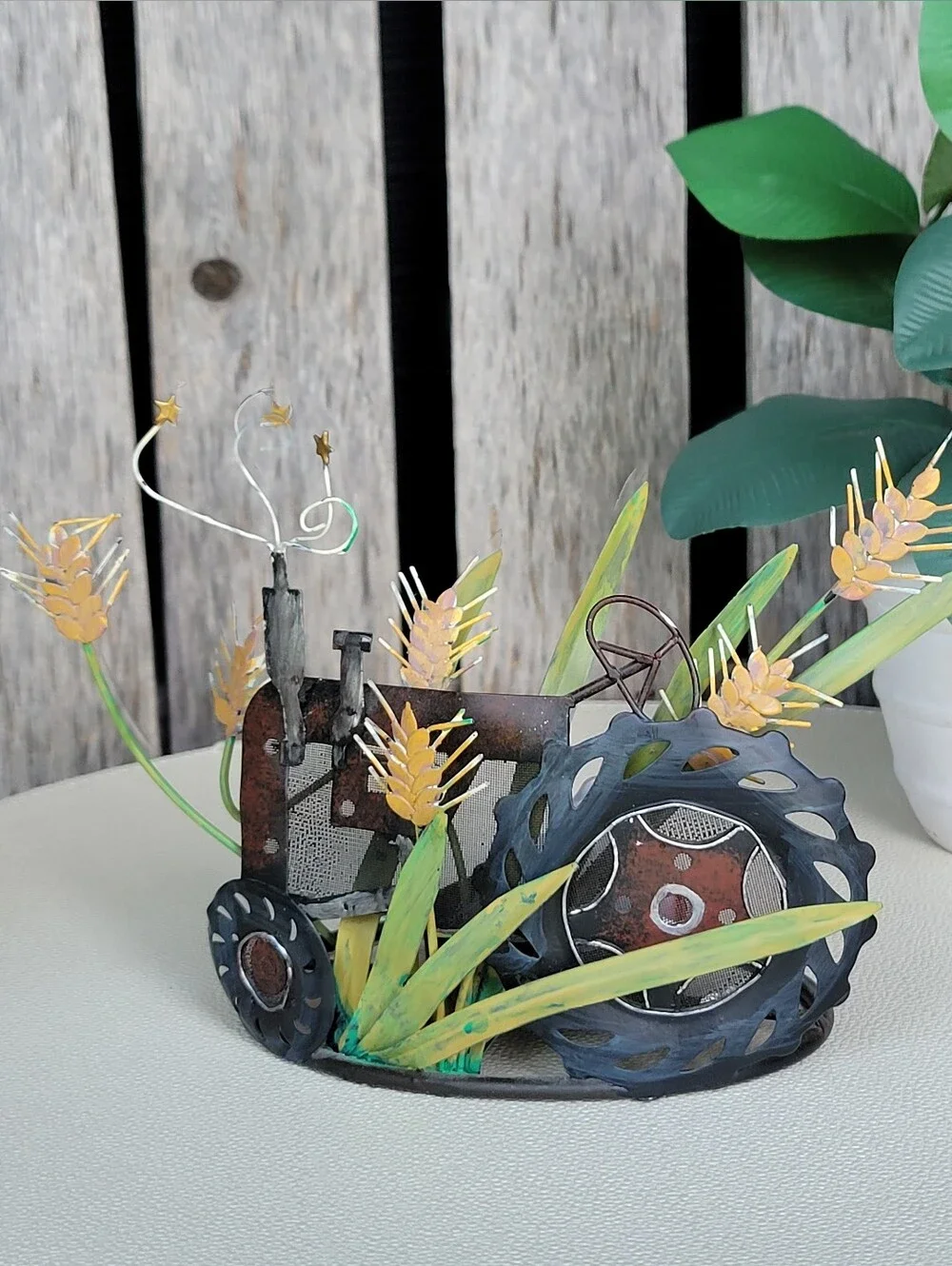 Rustic Metal Tractor Sculpture with Yellow Wheat Accents- Votive